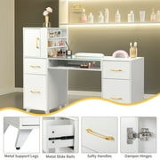 Zimtown 55L*19W*44H Makeup Nail Desk Modern Salon Manicure Table for Nail Tech Glass Top, White