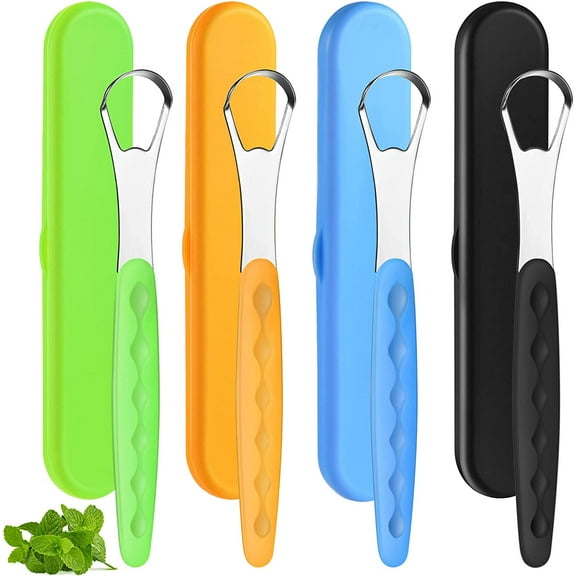 4 Pcs Tongue Scraper Cleaner Adults and Kids Stainless Steel Tongue Brush Metal Tongue Scraper Reduce Bad Breath with Travel Cases for Men Women Oral Mouth, Orange, Black, Green and Blue