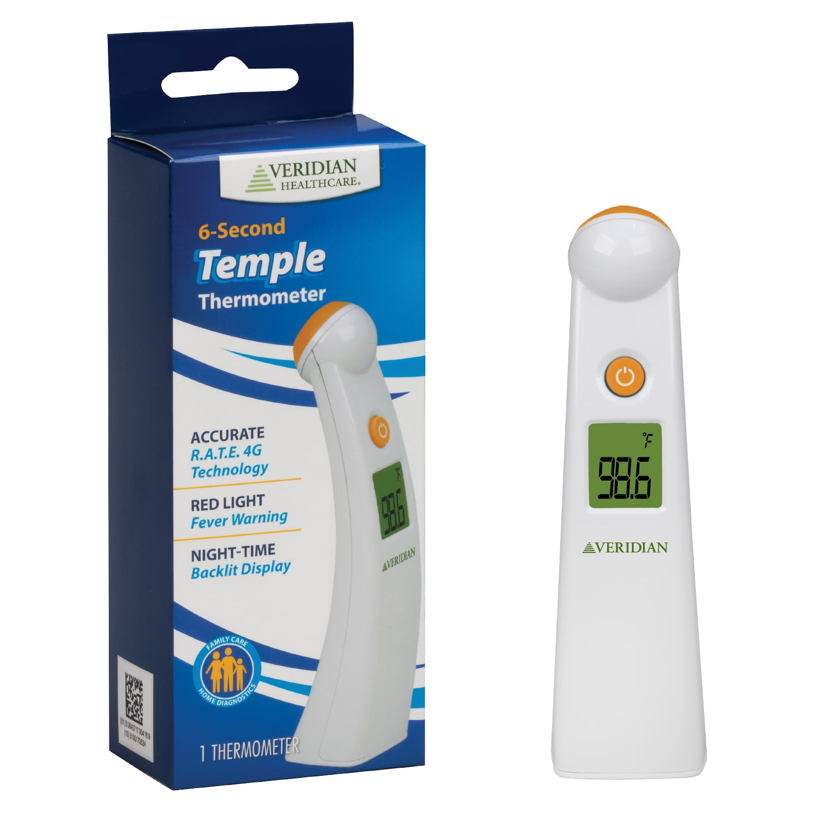 Veridian Temple Touch Thermometer, 6-Second Readout, Non-Invasive Forehead Temperature, Color-Changing Fever Alert Backlight, Memory Recall, F/C Switchable