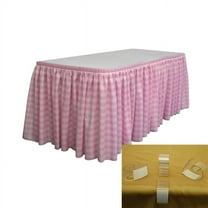 LA Linen Polyester Gingham Checkered Table Skirt 14-Foot by 29-Inch Long with 10 L-Clips, White and Pink