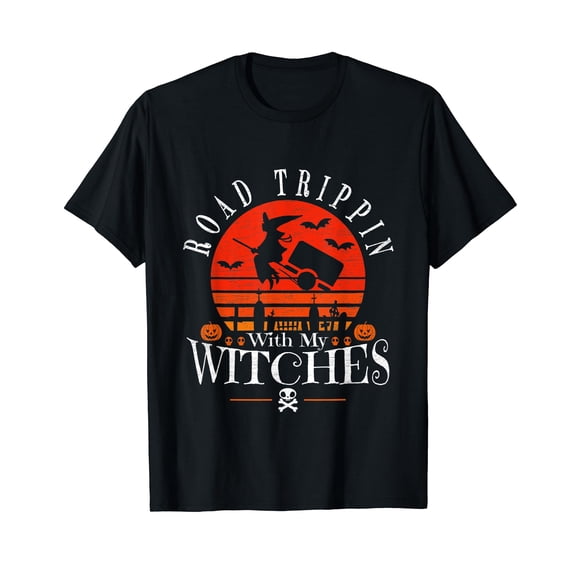 Road Trippin With My Witches Halloween Witch Camping Crew Neck Black T-Shirt