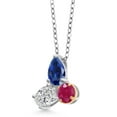 thumbnail image 2 of 925 Silver and 10K Yellow Gold Blue Created Sapphire and Lab Grown Diamond and Ruby 3 Stone Pendant Necklace for Women | 3.25 Cttw | Pear Shape 8X6MM | Oval 7X5MM | Round 5MM | with 18 inch Chain, 2 of 4