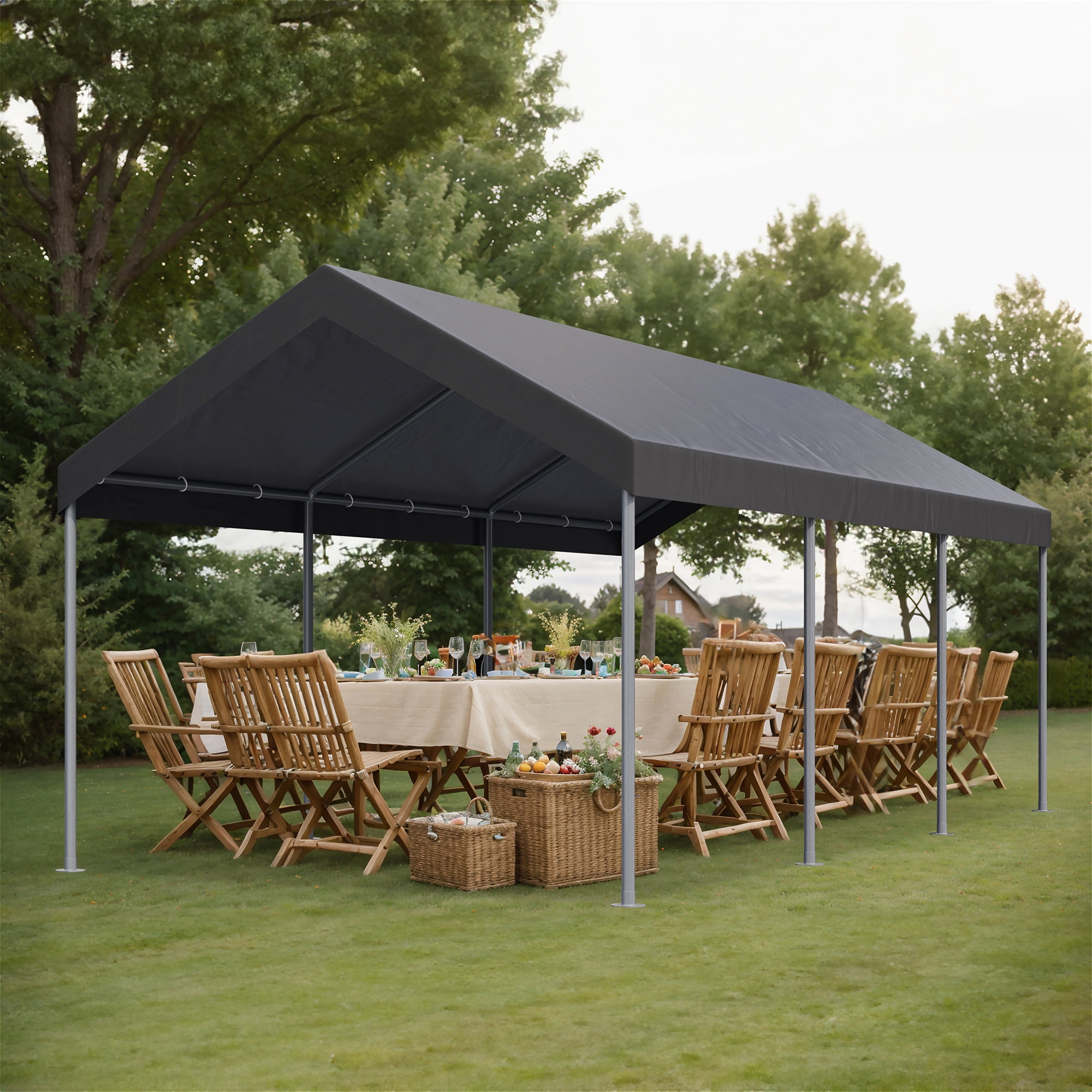 Walsunny Carport 10 x 20 ft Heavy Duty Carport Car Canopy with Powder-Coated Steel Frame, Portable Garage for Car, Boat, Shelter Party Tent with 180g PE Tarp Gray