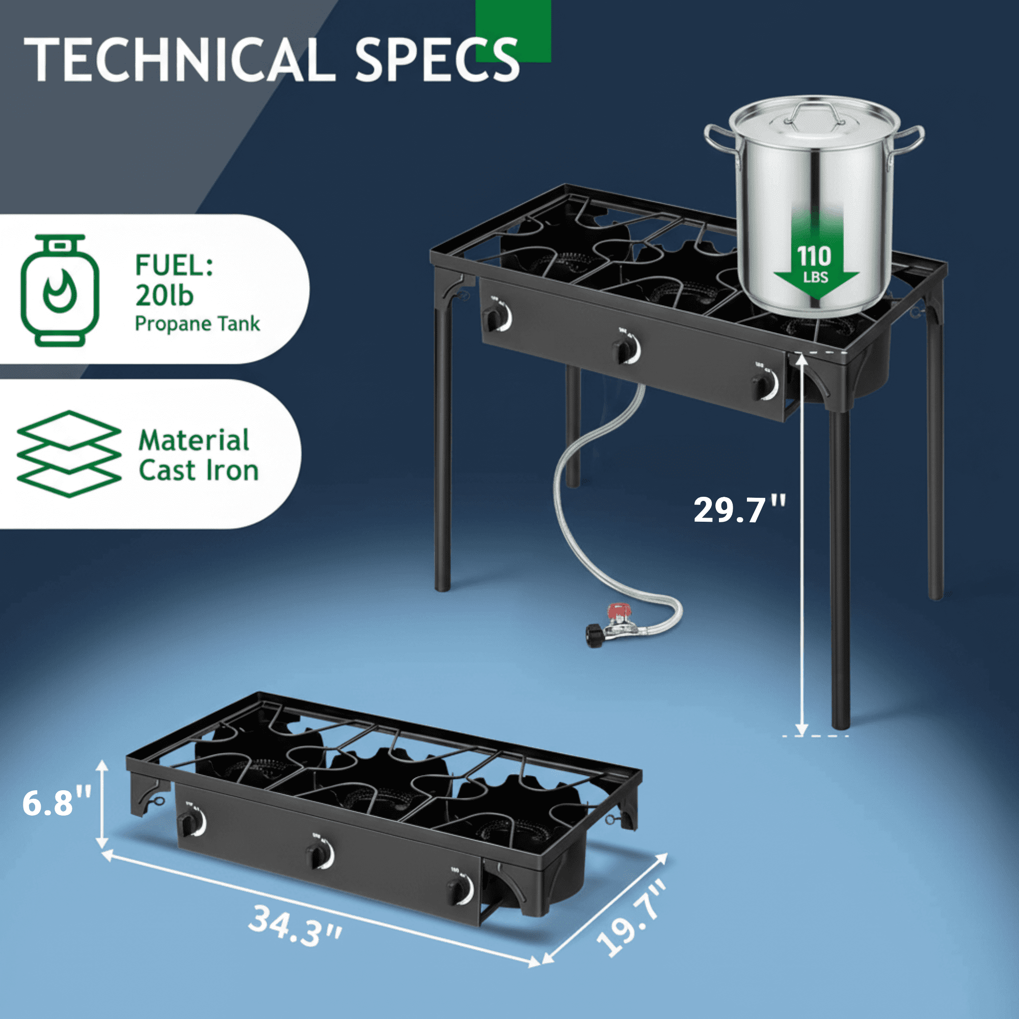 GVDV 3-Burner Propane Camping Stove, Gas Stove for Outdoor Cooking BBQ, 225,000 -BTU, 20 PSI Regulator, High Pressure, Heavy Duty, Black