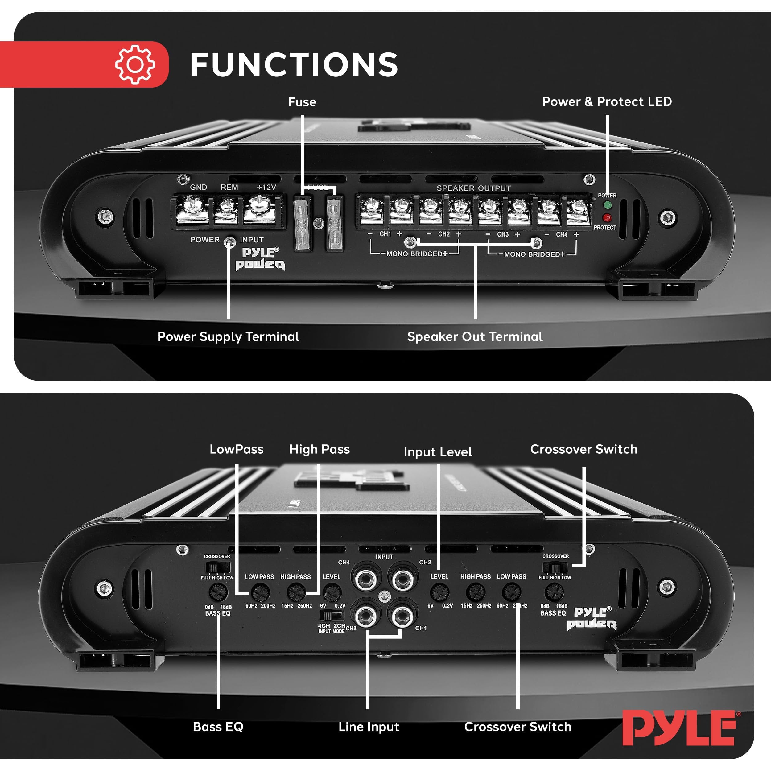 PYLE 4 Channel Car Stereo Amplifier - 2000W High Power 4-Channel Bridgeable Audio Sound Auto Small Speaker Amp Box w/ MOSFET, Crossover, Bass Boost Control, Silver Plated RCA Input Output - PLA4278