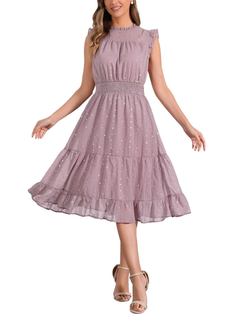 INSPIRE CHIC Women's Chiffon Dress Sleeveless Smocked Waist Gilding Metallic  Star Party Dress Grey Pink S - Walmart.com