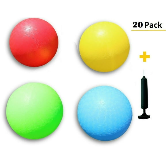 20 Pack! 8.5 Inch Playground Balls with 5 Hand Pumps (Red,Blue,Green,Yellow)