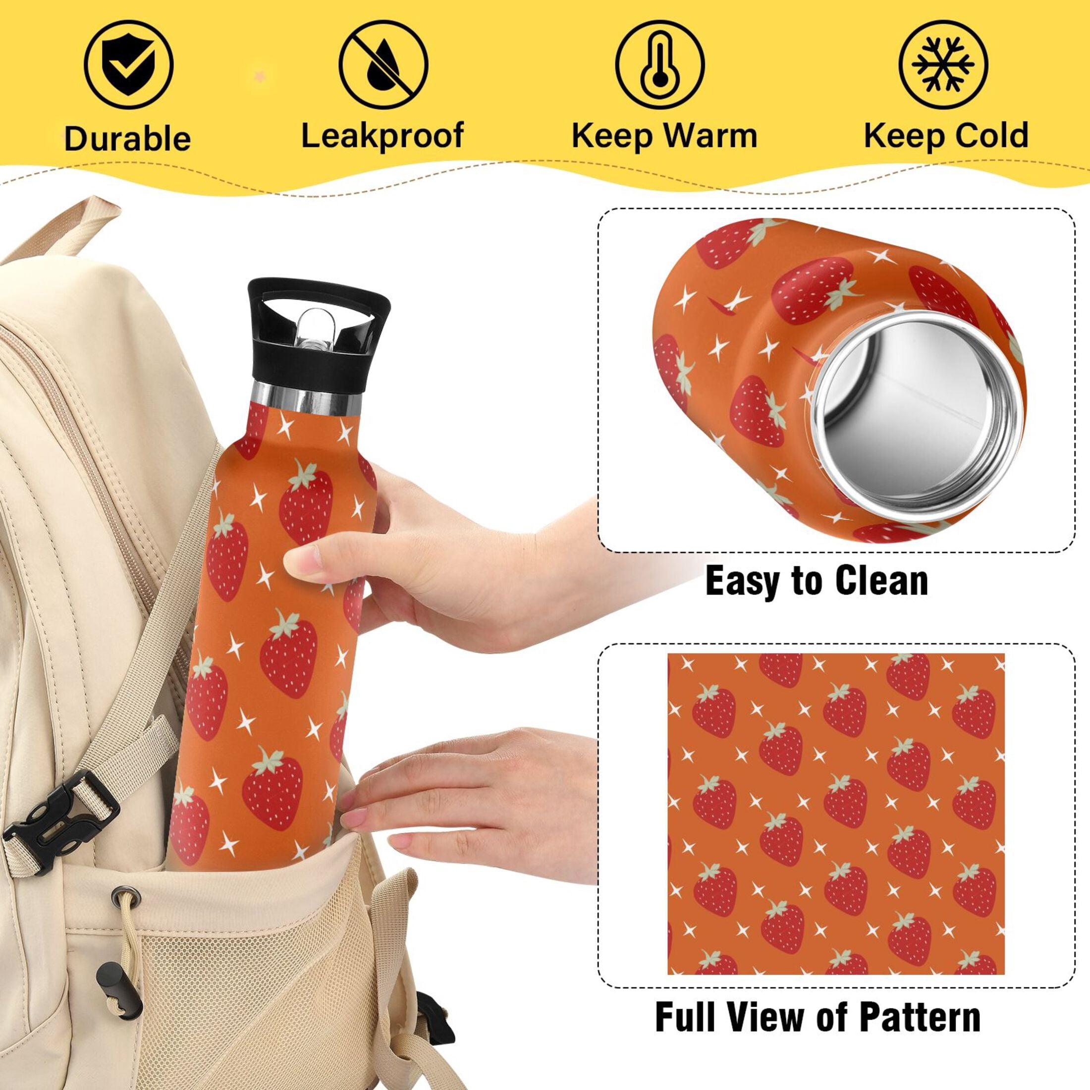 Kids Insulated Stainless Steel Sports Water Bottle 600ml Strawberry and White Stars Pattern