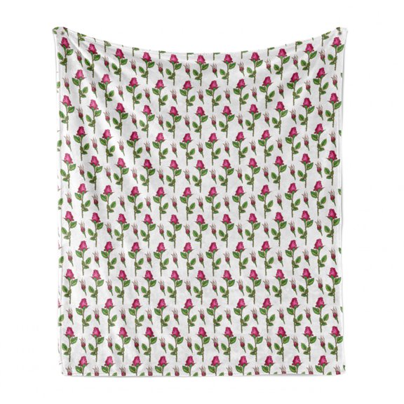Floral Soft Flannel Fleece Blanket, Hand Drawn Inspired Roses in Spring Tones Illustration on Plain Background, Cozy Plush for Indoor and Outdoor Use, 70" x 90", Pink Pistachio Green, by Ambesonne