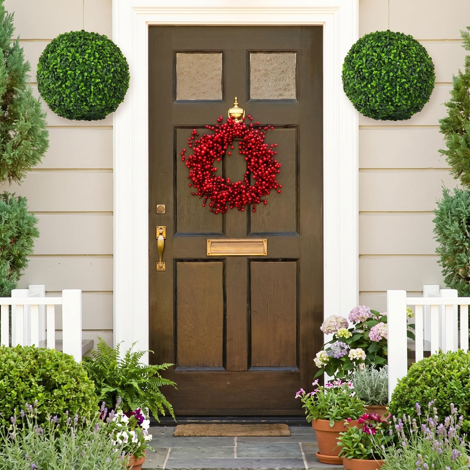 ALPULON 2 Pieces Artificial Boxwood Topiary Ball Tree Set Faux Greenery UV Protected Fade Resistant Plants for Indoor Outdoor Home Office Shop Doorway Decor, Green