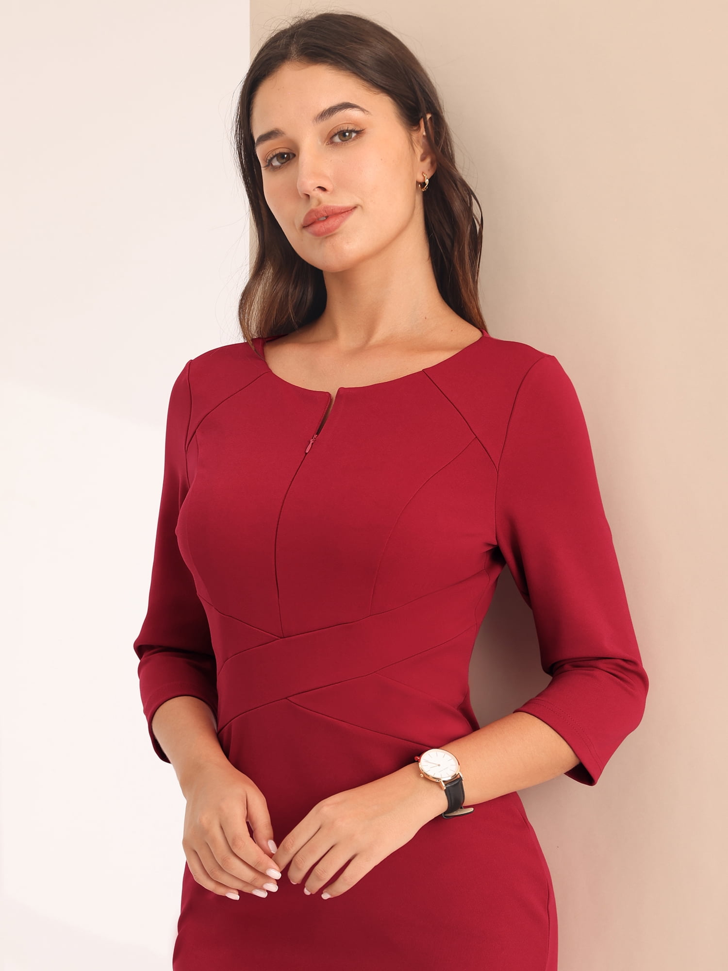 DARING DIVA Sheath Dress Zipper Neck Work Pencil Dresses M Dark Red