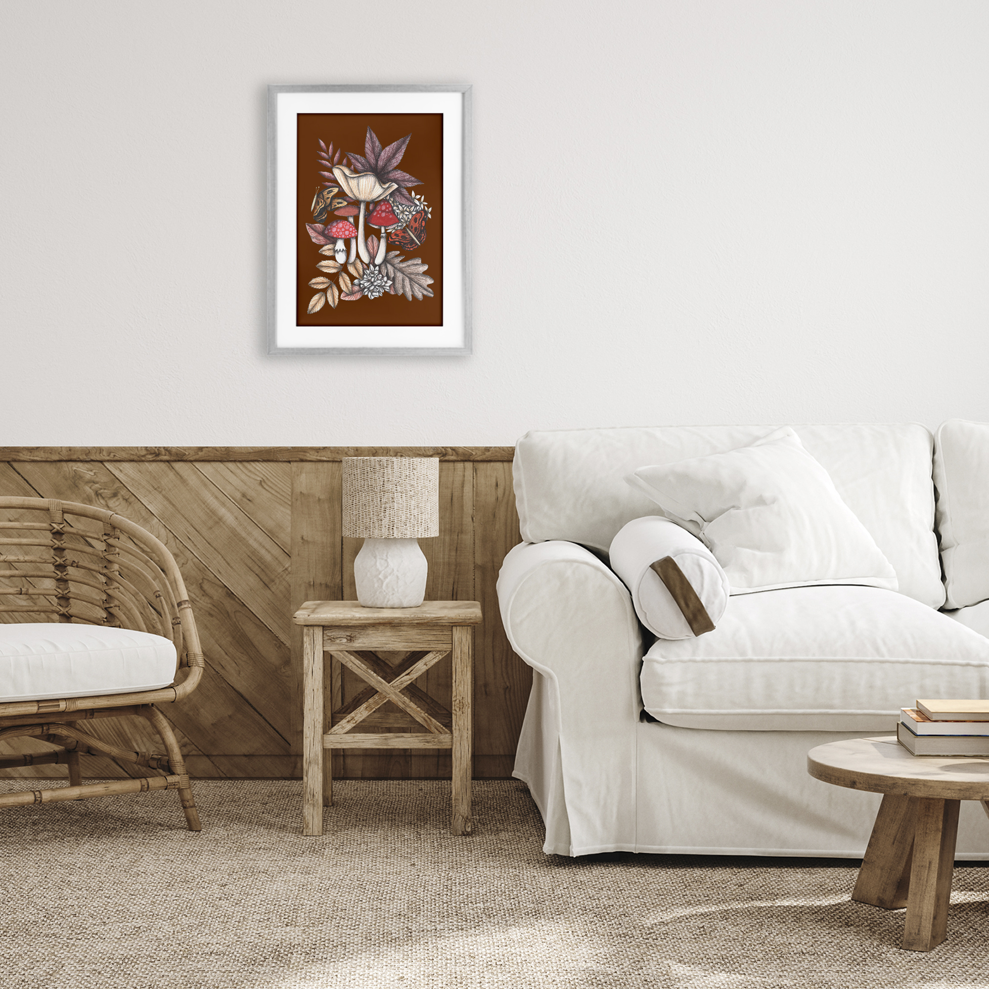 Autumn Mushrooms Magic Gray Framed Print Under Glass, design by Cecilia Battaini