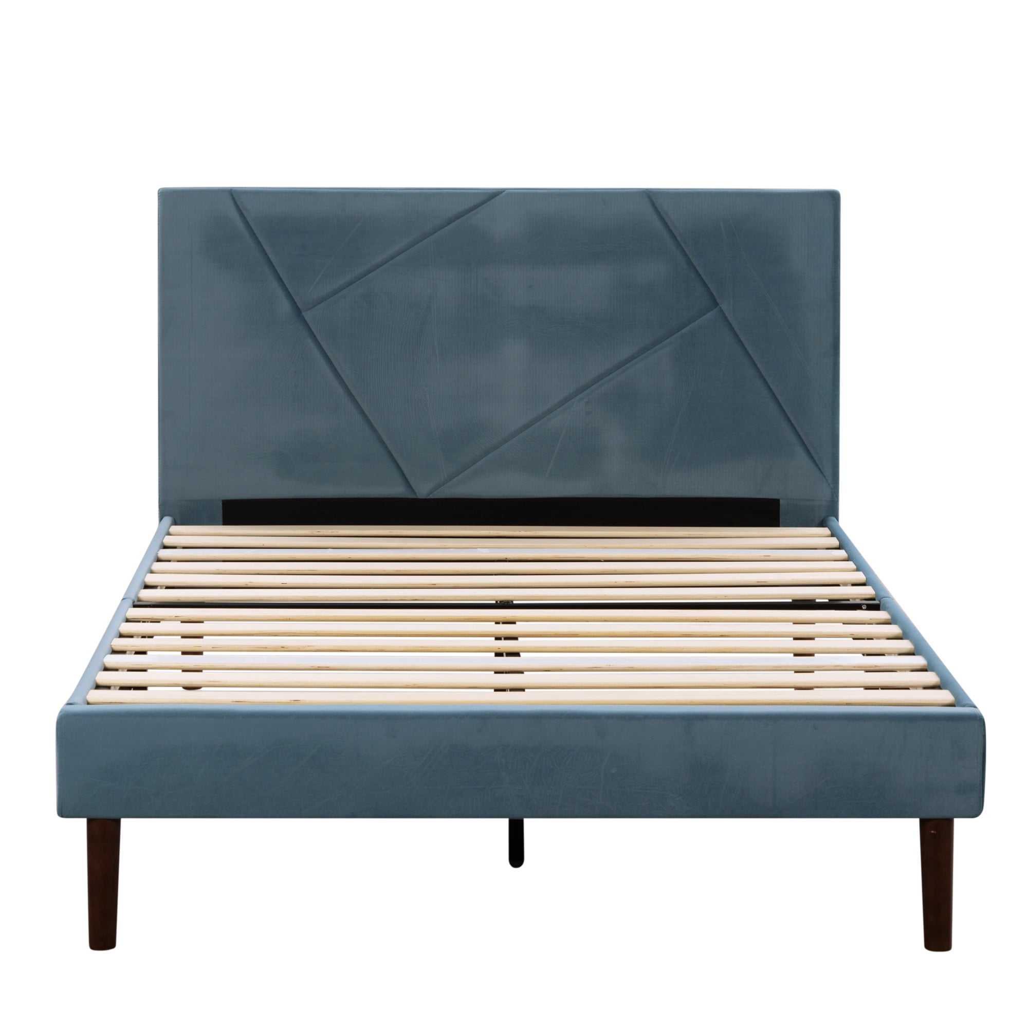 Gewnee Full Size Velvet Upholstered Platform Bed Frame with Tufted Headboard & Wood Slats, Blue for Bedroom