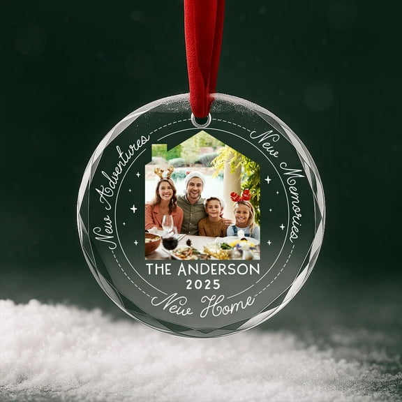 First Christmas in New Home Photo Glass Ornament 2025 – Personalized Family Picture Keepsake