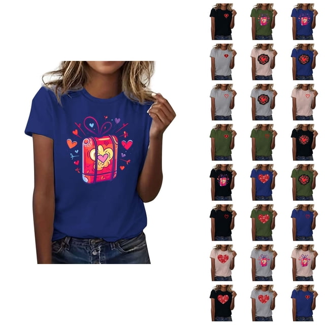 T-shirts de la Saint-Valentin pour Femmes 2026 à la Mode Manches Courtes Col Rond avec Cœur Graphique