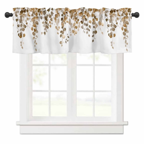 Brown Eucalyptus Leaves Valances for Windows Watercolor Retro Leaf Rod Pocket Curtain Valance Window Treatment Short Curtains for Kitchen Living Room, 54"x18"