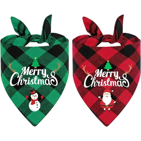2PCS Christmas Dog Bandanas,Classic Plaid Triangle Dog Scarf Featuring Santa and Snowman Print,Holiday Dog Outfit for Boy and Girl,Winter Classic Red and Green Plaid Pet Scarf for Medium to Large Dogs