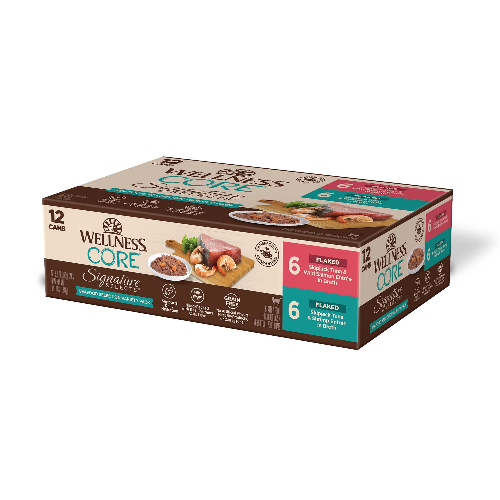 Wellness CORE Signature Selects Flaked Adult Wet Cat Food, Natural, Protein-Rich, Grain Free, 5.3 Ounce, 12 Pack (Seafood Variety Pack)
