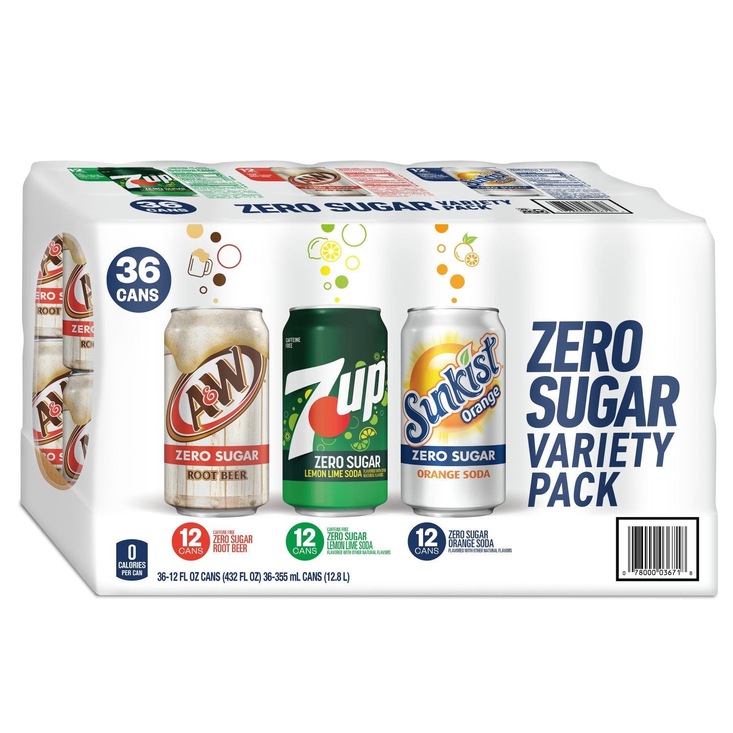 7UP, Sunkist & A&W Zero Sugar Soda Variety Pack, 12 fl oz Cans, 36 Pack – Zero Calories, Assorted Flavors