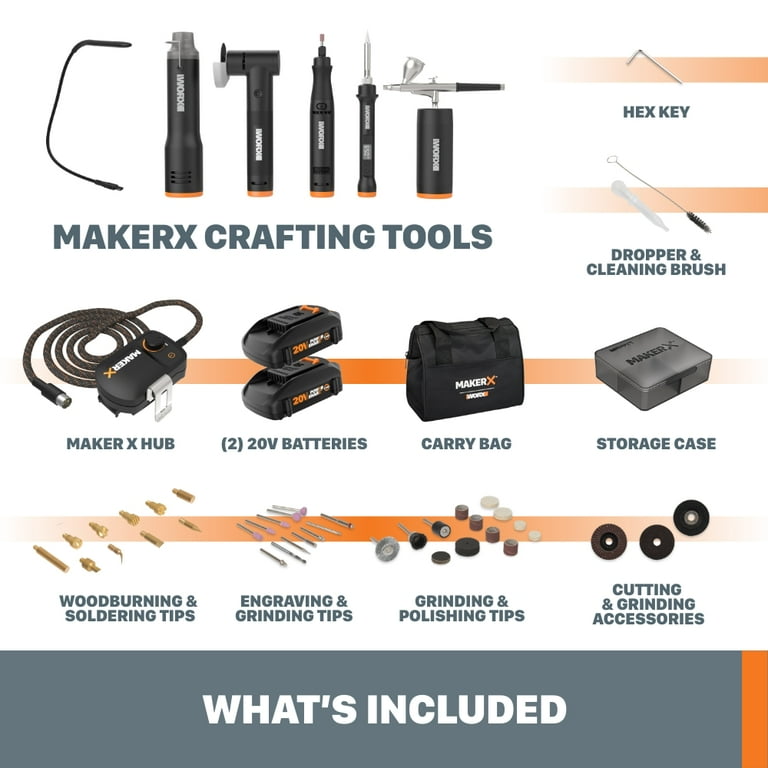 Worx MakerX WX996L 6 Tool Kit Rotary Tool Wood Metal Crafter Air Brush Heat Gun Grinder and LED Flex Light in Carry Bag Walmart