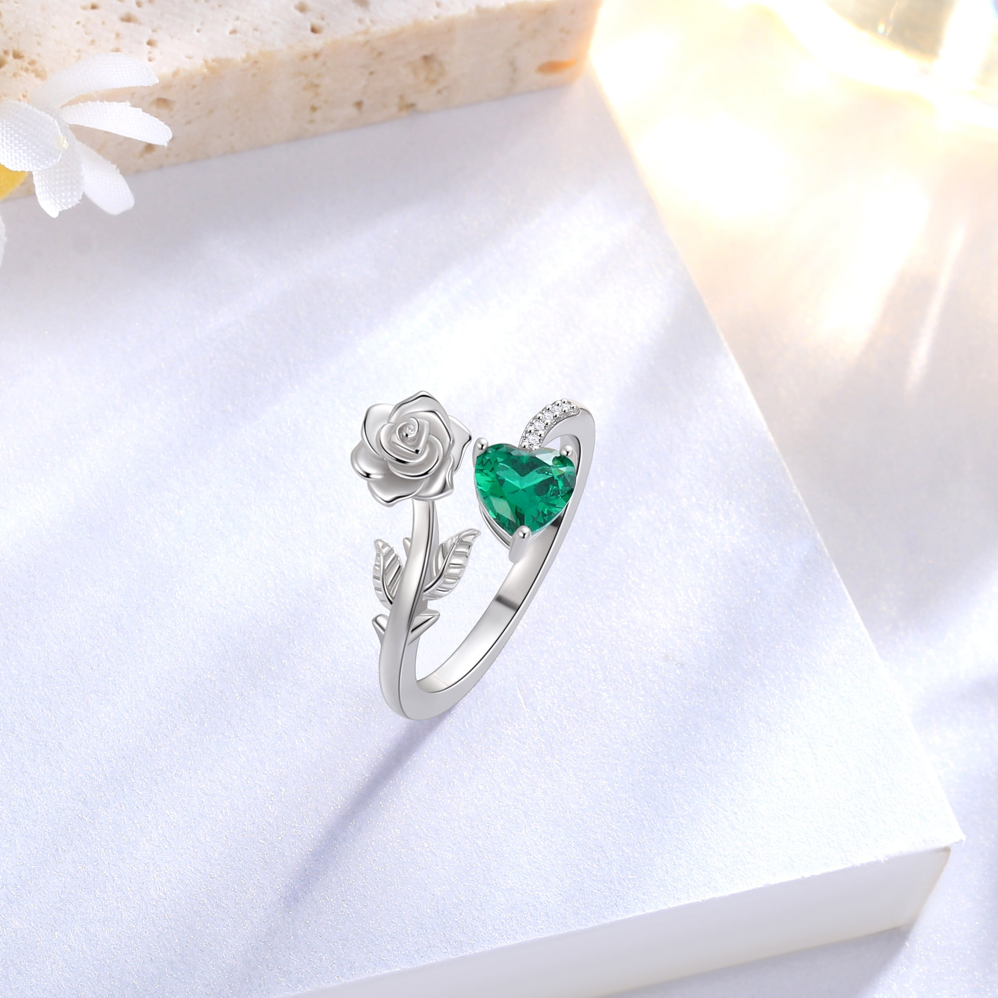 Beautlace Rose Heart Birthstone Ring,925 Sterling Silver Adjustable Open Heart Rings Jewelry Gifts for Women Mom -May