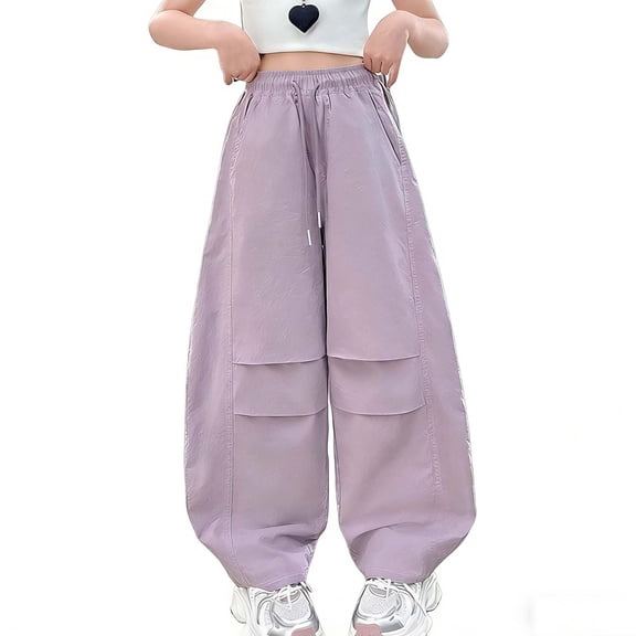 WPPGONE Girls Cargo Pants Teen Tween Baggy Parachute Trousers with Drawstring Elastic Waist Loose Fit Wide Leg Streetwear Bottoms with Flap Pockets for Casual Dance School