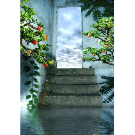 GreenDecor Polyster 5x7ft Child Photography Background Kid Photo Shoot Backdrops Dreamy Fruit Trees Leaves Stairs Water Door Wall Lake Toddler Artistic Portrait Scene Studio Props Video (Best Way To Water Fruit Trees)