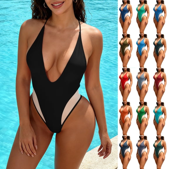 yoeyez Sexy One Piece Swimsuit for Women Plunge V Neck High Cut Swimwear Halter Backless Cheeky Bathing Suits Color Block Flattering Bikini Army Green,S