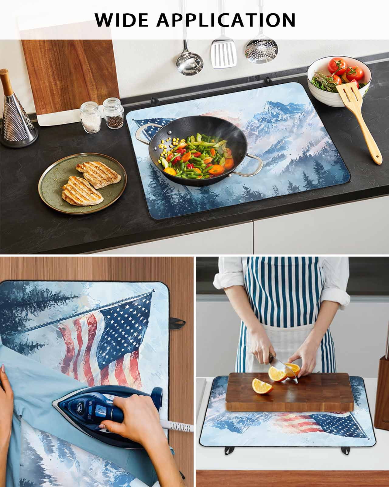 nqOlkjepod Large Induction Cooktop Protector Mat 24"x21", 4th of July Stove Top Covers for Electric Stove, Blue Mountain Forest Independence Day Stove Burner Cover Mats, Glass Top Stove Cover