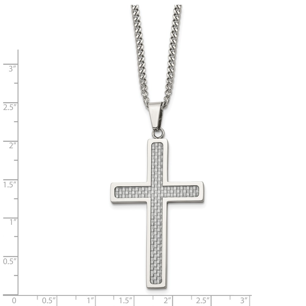 Steel Large Inlay Chain Grey Stainless Cross Diamonds Mia 20in Necklace Polished Fiber Carbon