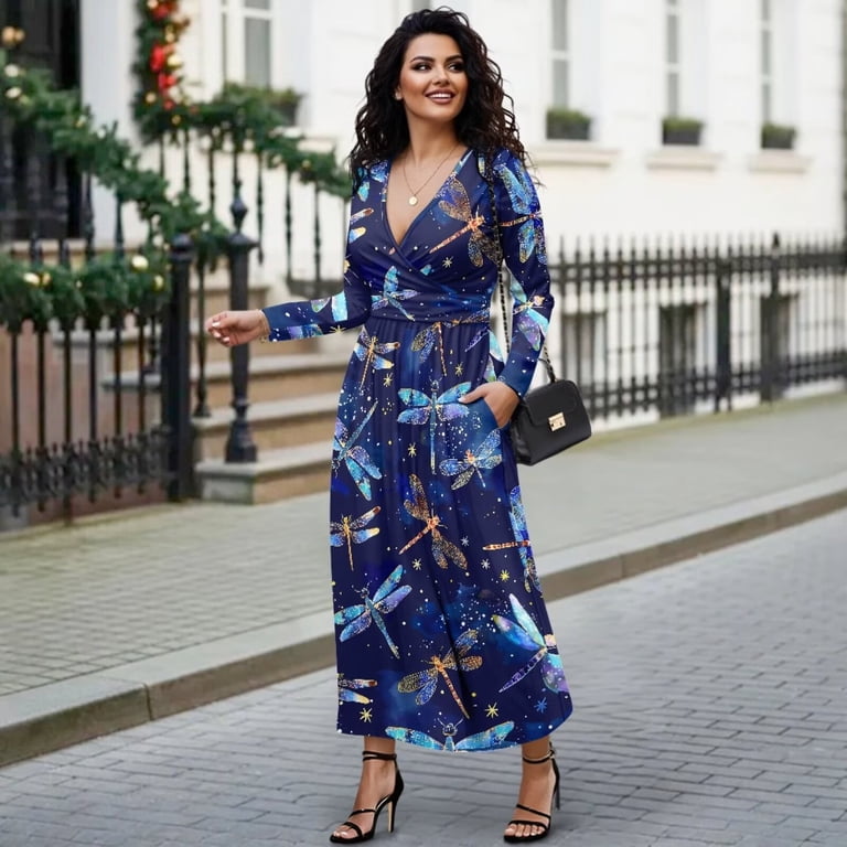 Fkelyi Womens Fall Maxi Dress V-Neck Long Sleeve Casual Dress with Pocket Blue Dragonfly Starry Print A-Line Flowy Tiered Dresses for Spring Winter,