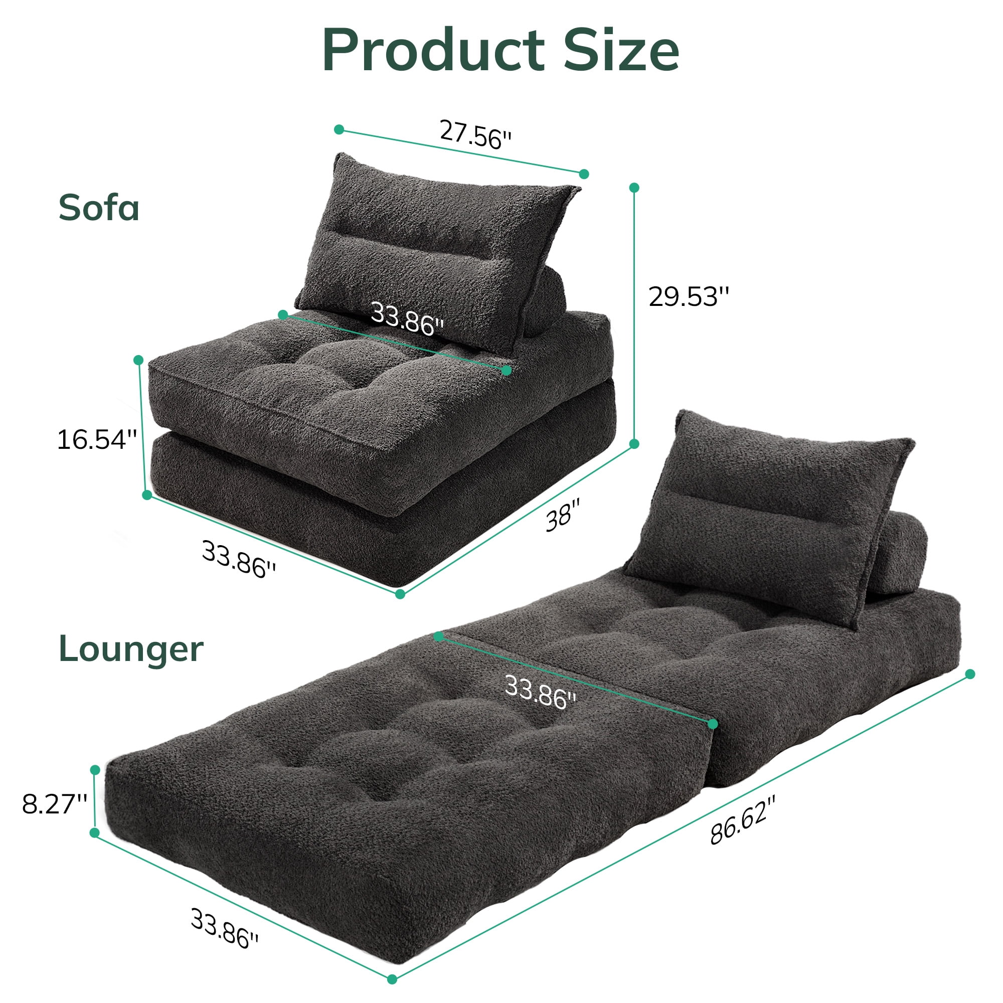 BEHOST 86" 2 Pack Large Futon Sofa Bed for Adults, 3-in-1 Convertible Folding  Chair Bed Sleeper Chair, Dark Gray & Beige