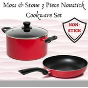 Moss & Stone 3 Peice Pots & Pans Set Nonstick Cookware Set, Aluminum Pots and Pans, Red Pots and Pans Set with Glass Lid, Dishwasher Safe, Cooking Set