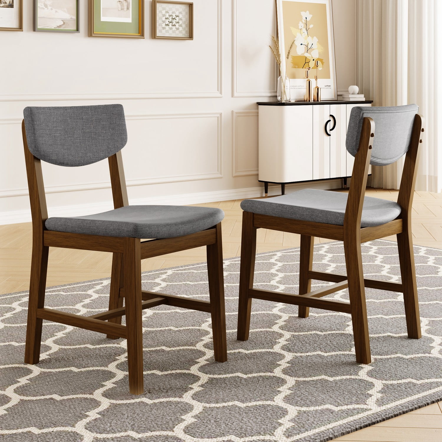 Rustic Farmhouse Dining Chairs Set of 4 Solid Wood Dining Chairs with Gray Fabric Upholstered Seat and Backrest Accent Chairs for Kitchen Dining Room Living Room, Walnut
