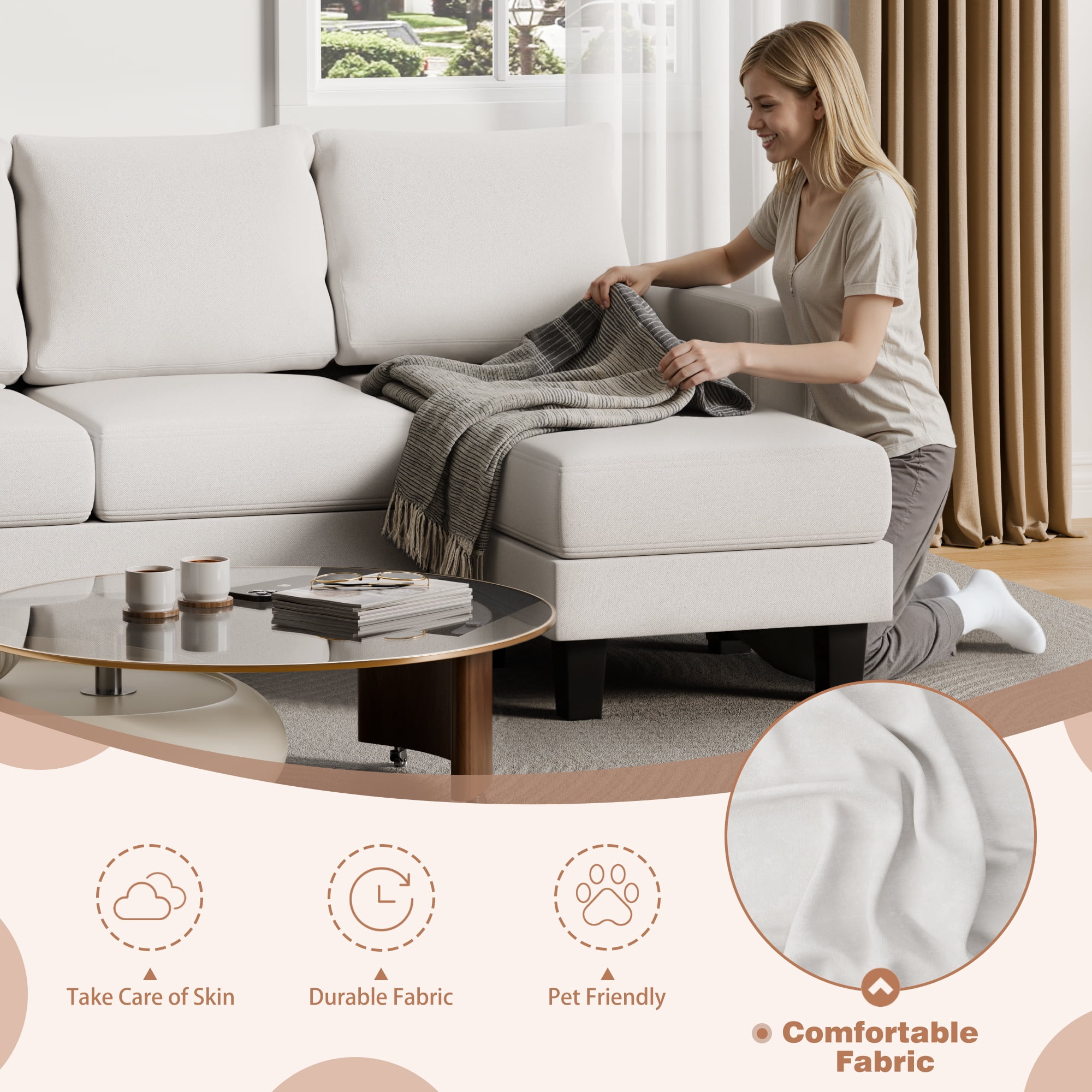 Vineego 72" L-Shaped Sectional Sofa with Ottoman Ergonomic Support Sofa Couch for Small Spaces Living Room, Apartment,White