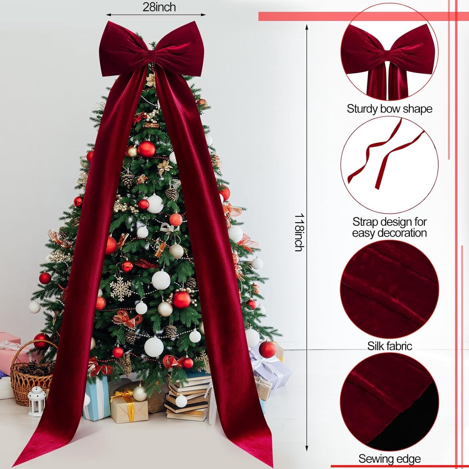 Dpityserensio Bows Xmas Extra Large Velvet Christmas Tree Topper Bow 118 X 28 Inch Red Bow With Long Streamers Oversized Wrapping Gifts For Holiday Xmas Tree Wedding Home Party D