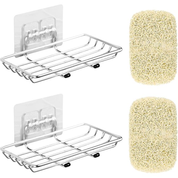Set Of 2 Stainless Steel Soap Dish No Drilling With Soap Saver, Wall Mounted Shower Soap Dish Self Adhesive Soap Holder Bathroom Wall For Shower And B