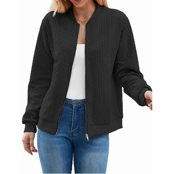 Women'S Zip Up Cardigan Sweater Hoodies Long Sleeve Jacket Outfits Crewneck Casual Coat Black M