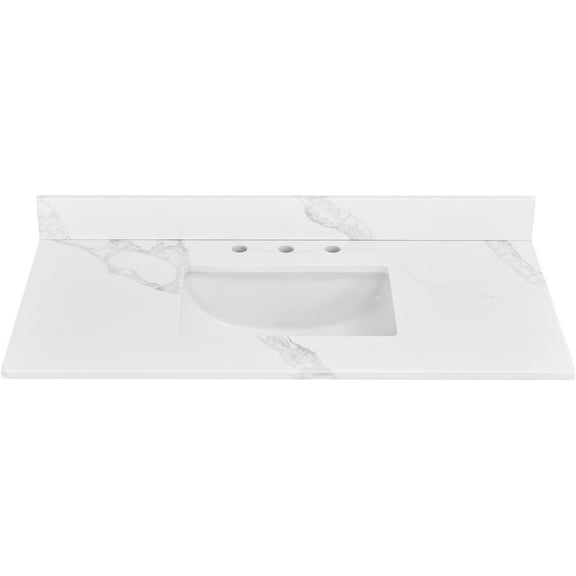 42 Inch Quartz Vanity Top , White Vanity Sink Top with Middle Sink, Pre-Drilled Widespread Faucet Holes Countertop with Backsplash