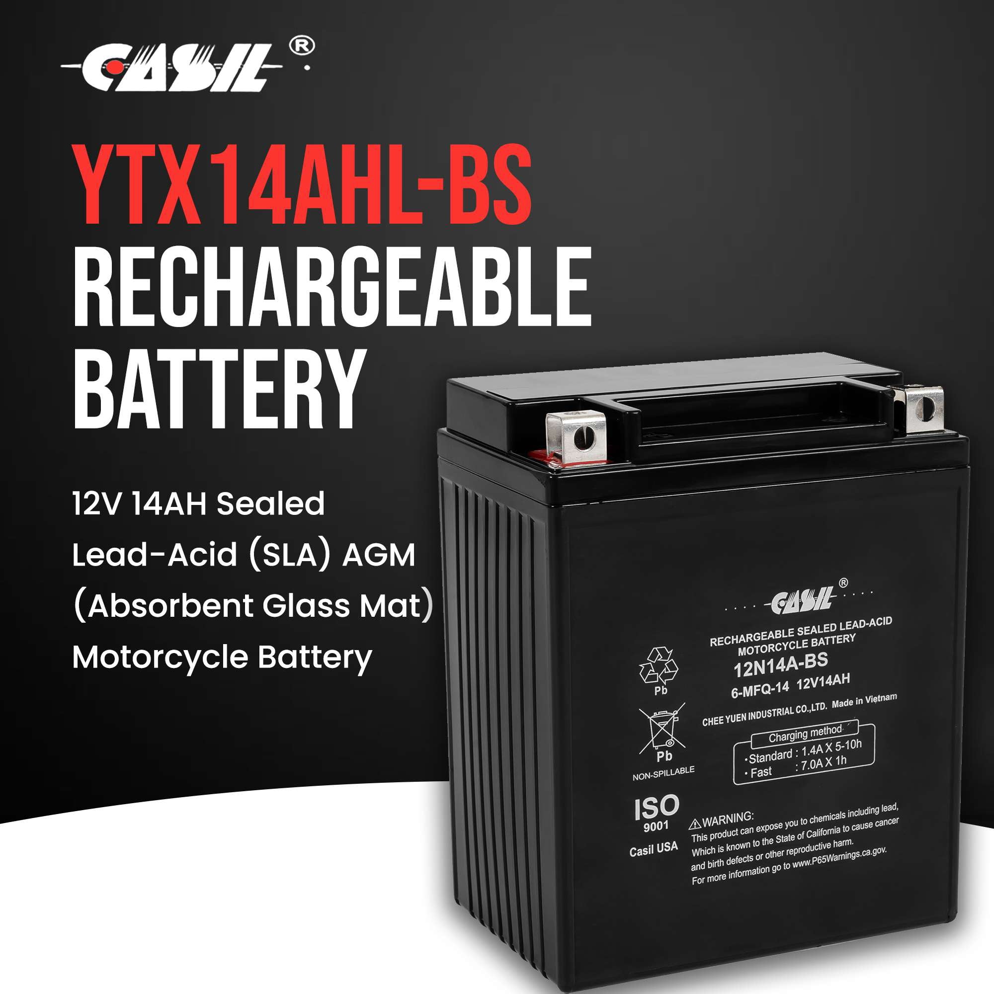 Casil YTX14AHL-BS Maintenance Free Replacement Battery for ATV, Motorcycle, Personal Watercraft, Scooter, and Snowmobile - 12 VOLT 14 Amp