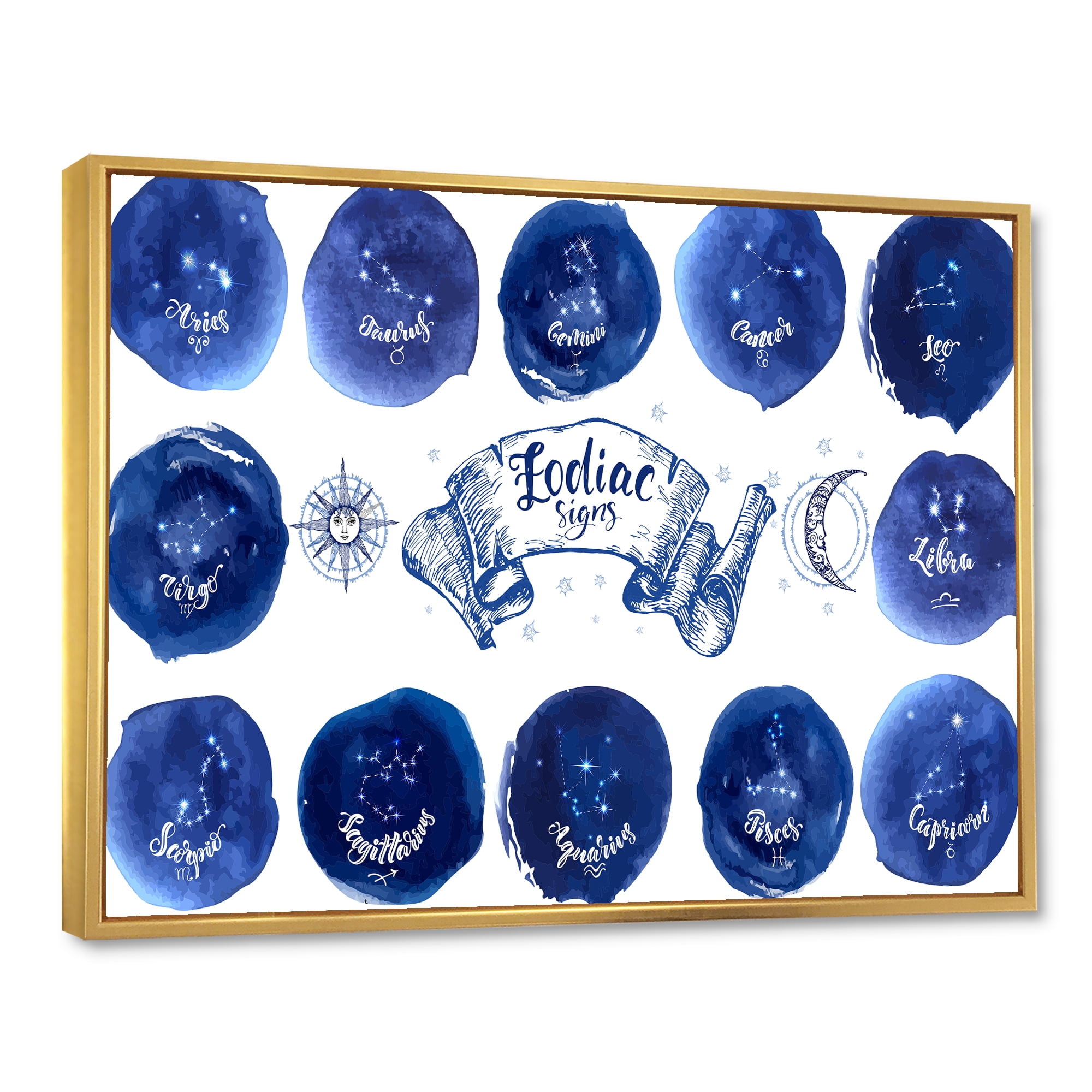 Designart 'Collection of Astrology Signs On Blue Circles' Modern Framed Canvas Wall Art Print