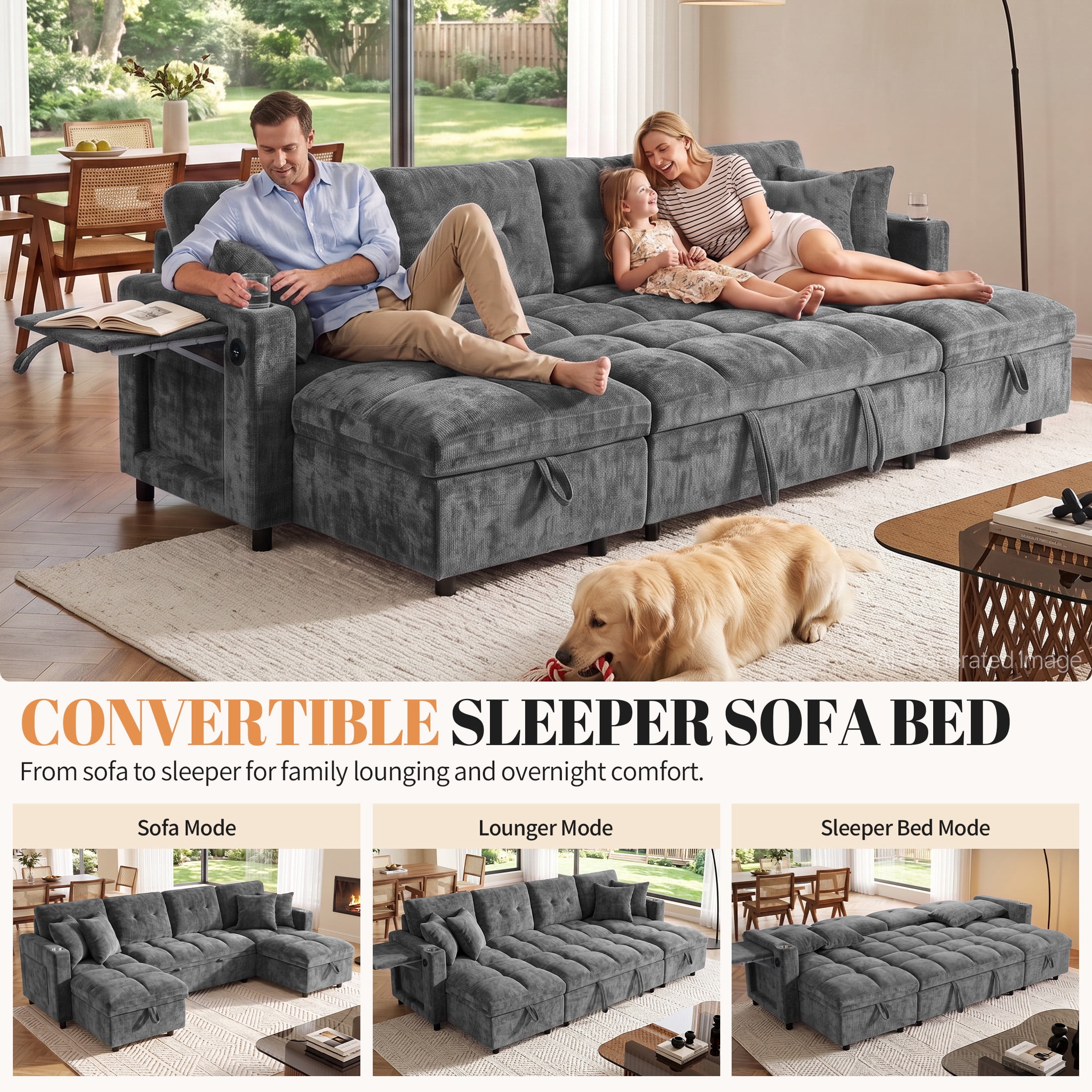 Aukfa 108" U Shaped Sleeper Sectional Sofa with Pull Out Bed, Chenille Convertible Sofa, Storage Chaise, USB/Type-C Ports & Side Table, Gray