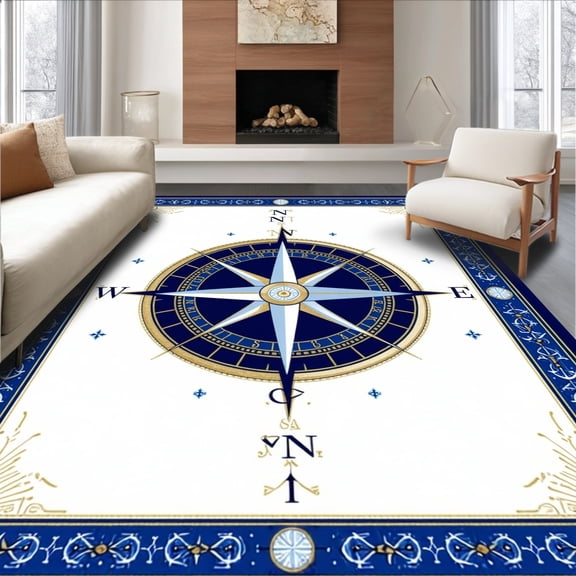 ODIKA 4'x6' Machine Washable Non-Slip Area Rug, Nautical Compass Rose with Marine Symbols and Geometric Oceanic Lines High Traffic Rug, Blue, 140807