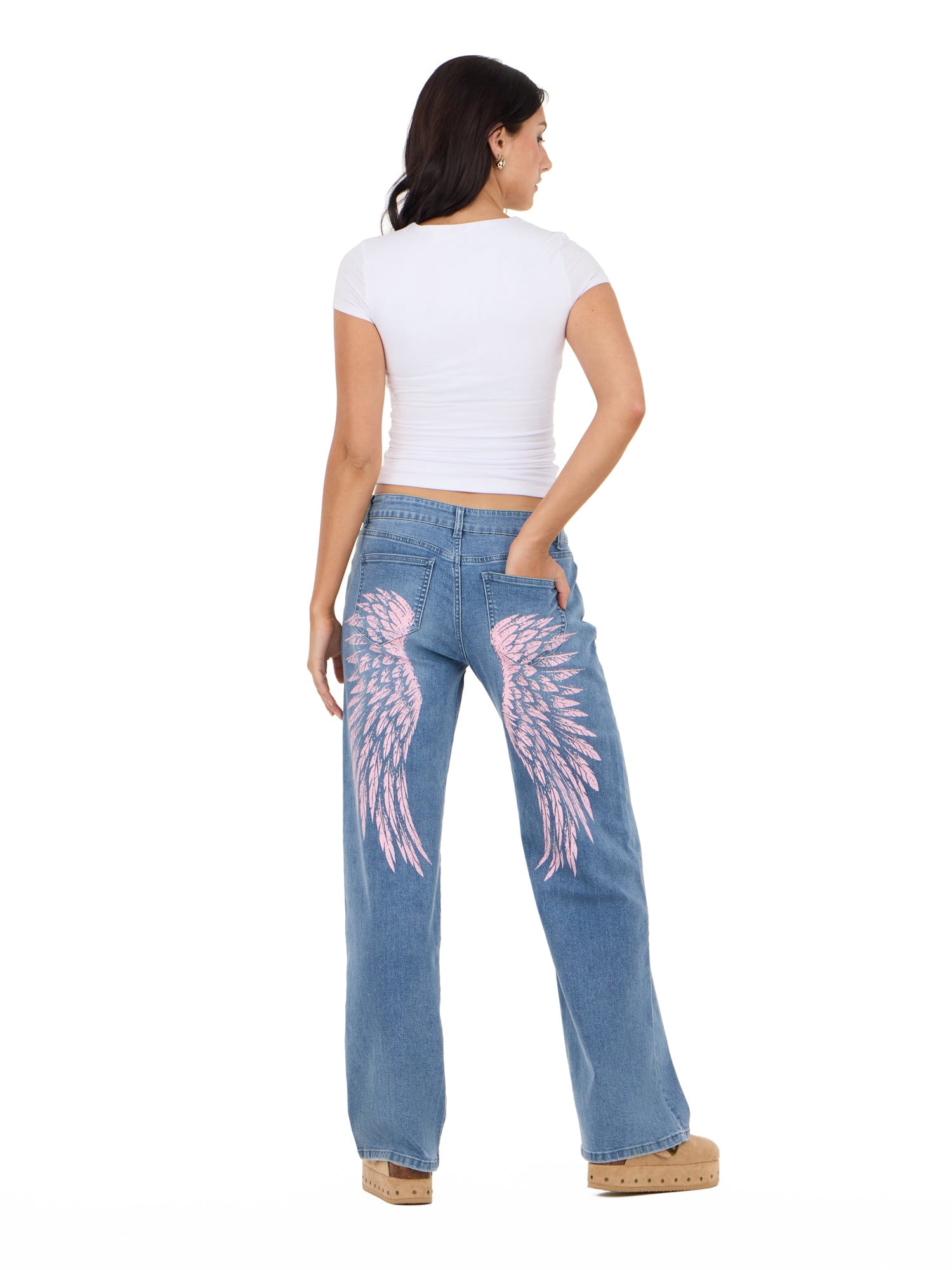 Forever 21 Women's Low Waist Wide Leg Denim Pants with Screen Print, Relaxed Fit Baggy Jeans, Vintage Wash Casual Streetwear, Blue, 00-4X