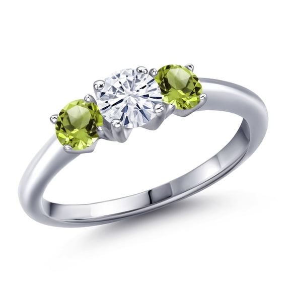 Gem Stone King 925 Sterling Silver White Moissanite and Green Peridot Engagement Ring for Women | 1.10 Cttw | Round 5MM | Gemstone Birthstone | Size 5