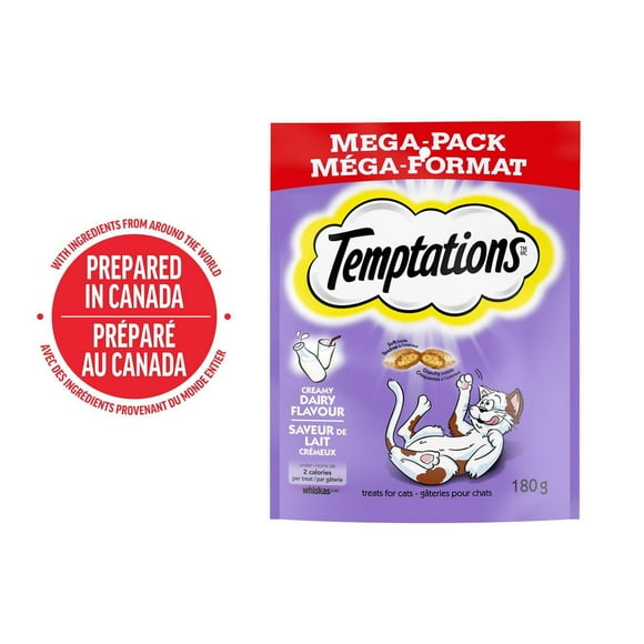 Gâteries pour chats Temptations saveur de lait crémeux, tendres à l'intérieur, croquantes à l'extérieur 180 g