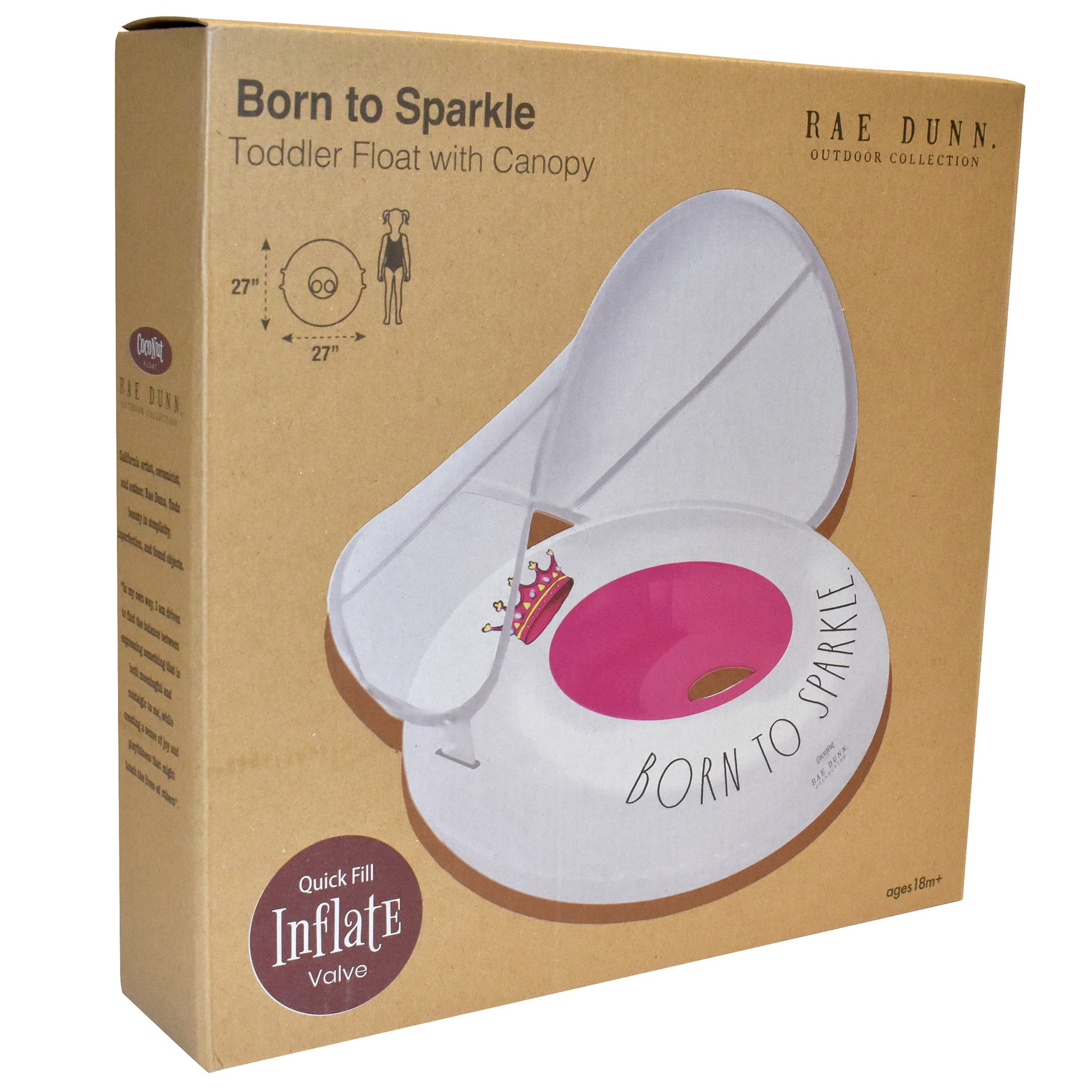 Rae Dunn Born To Sparkle -Toddler Float W/ Canopy, 27" Inflatable Water Ring Removable Canopy, CoCoNut Float, Age 18mo+