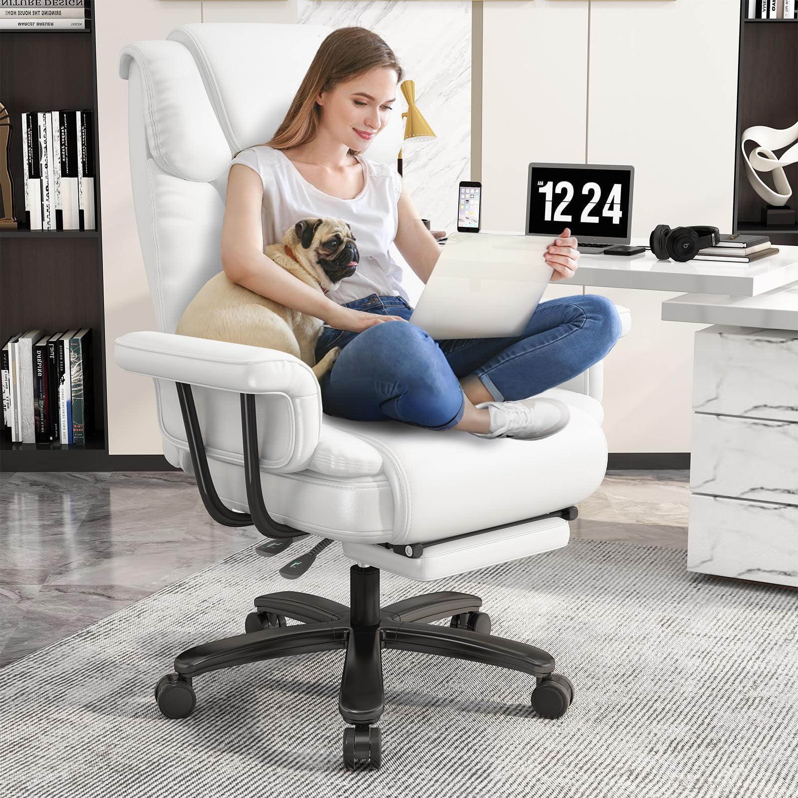 HomeZeer Big and Tall Office Chair with Footrest, 400 lbs Modern High Back Leather Office Chair, Reclining Wide Seat Ergonomic Executive Home Office Computer Desk Chair, White