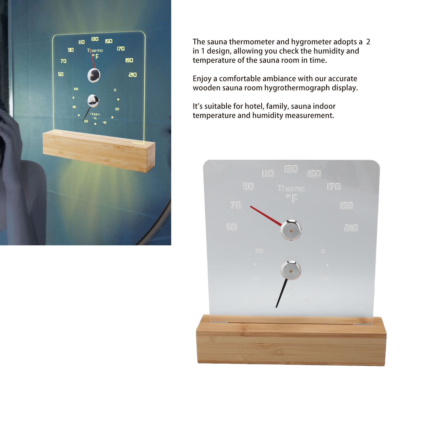 NFTIGB RGB 2-in-1 Sauna Thermometer Hygrometer with Wood Base & Ambient Light, Indoor Freestanding or Wall Mountable Temperature Humidity Monitor, 50-210F / 10-99C, 9.06 inches / 23 cm