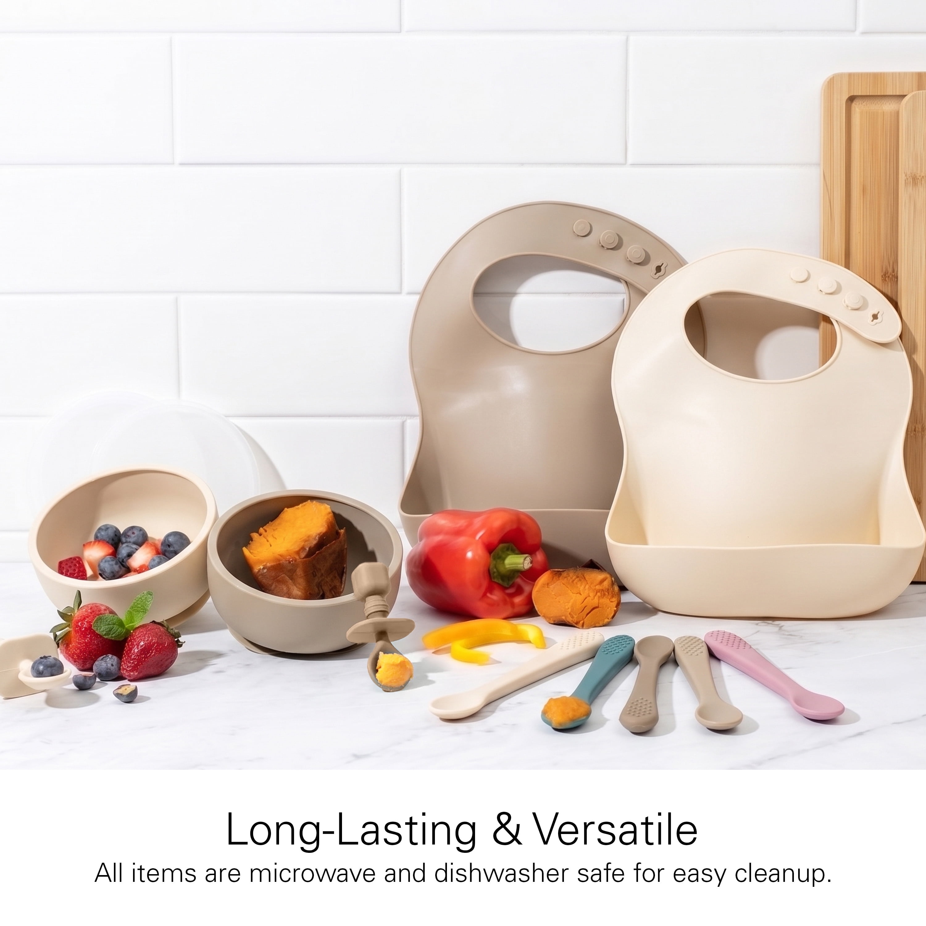 Baby Feeding Set, Silicone Bib, Bowl & Spoons for Self-Feeding First Stage Baby Essentials – Gum Friendly, BPA-Free, Easy to Clean & Safe for Babies, Tan